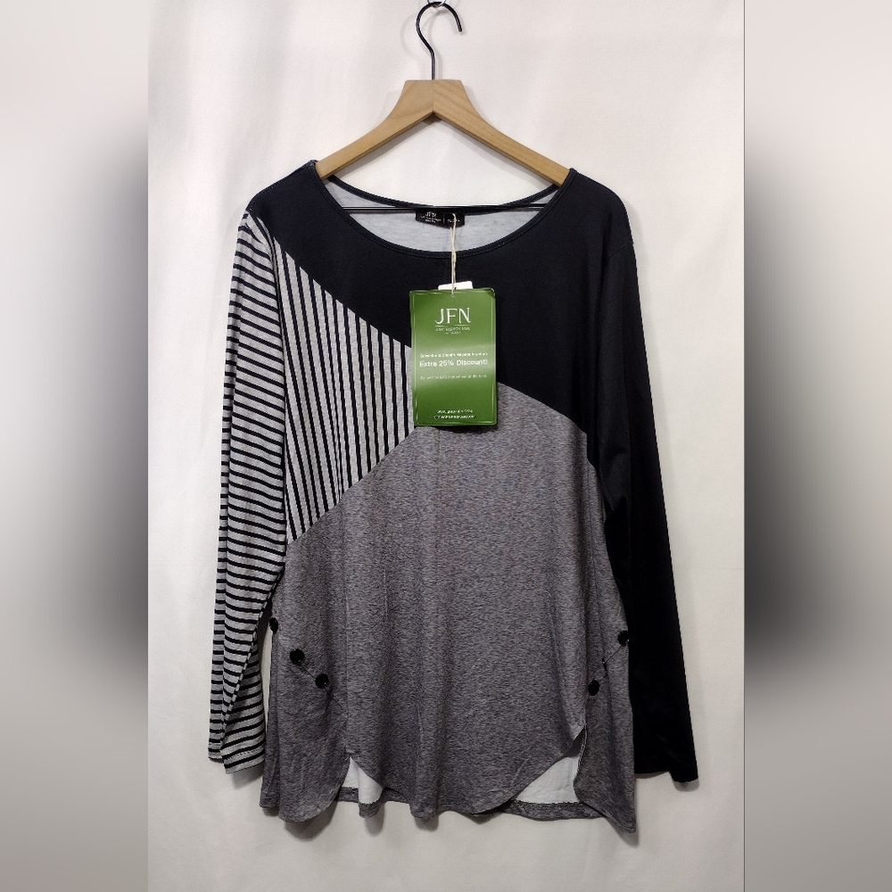NWT JFN Patchwork Blouse Women's 3XL Black White Boho Retro 90s Y2K Casual Comfy